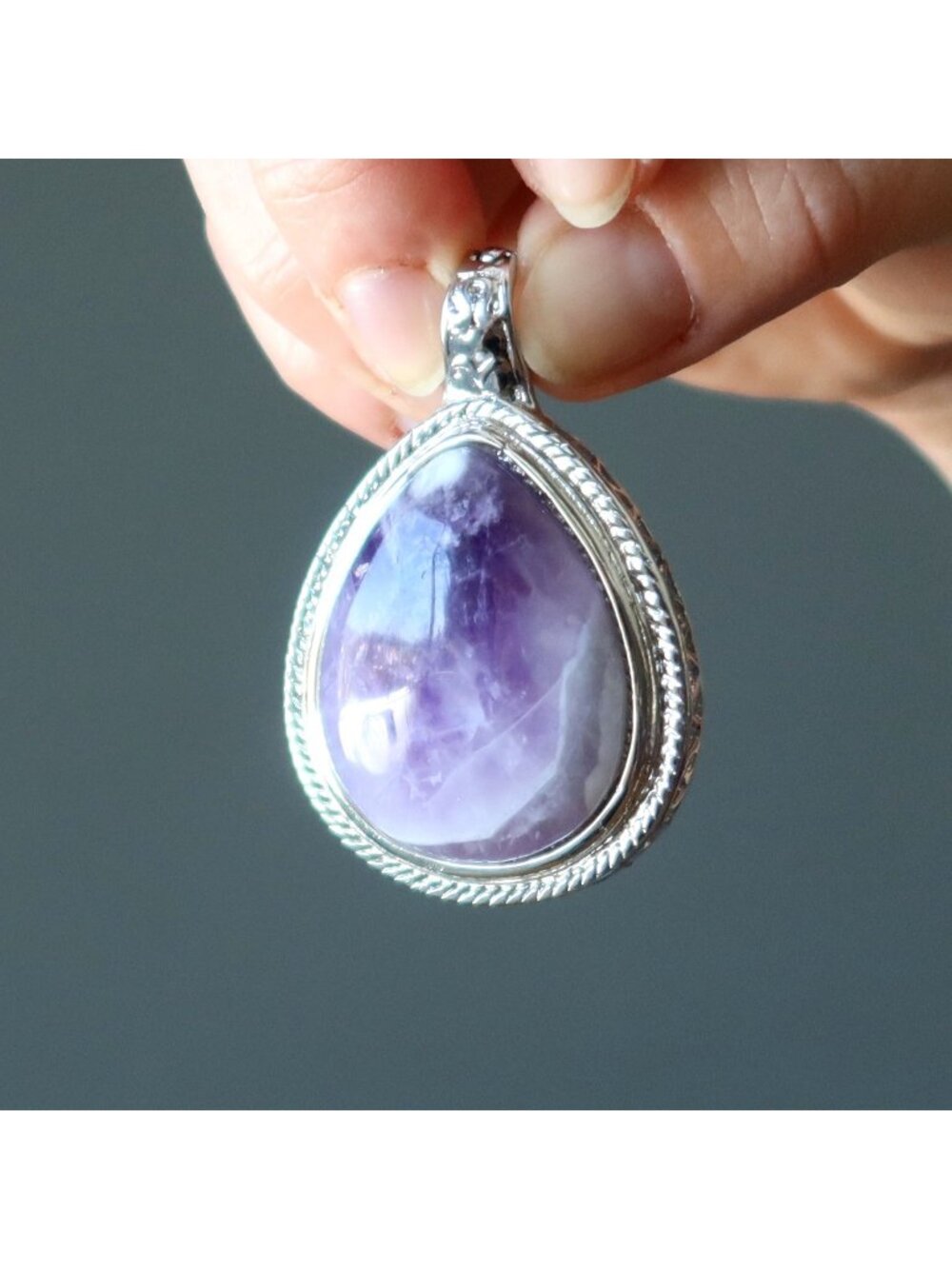 Amethyst Pendant Big Purple Teardrop Gemstone Silver Metal Pear Crystal Charm